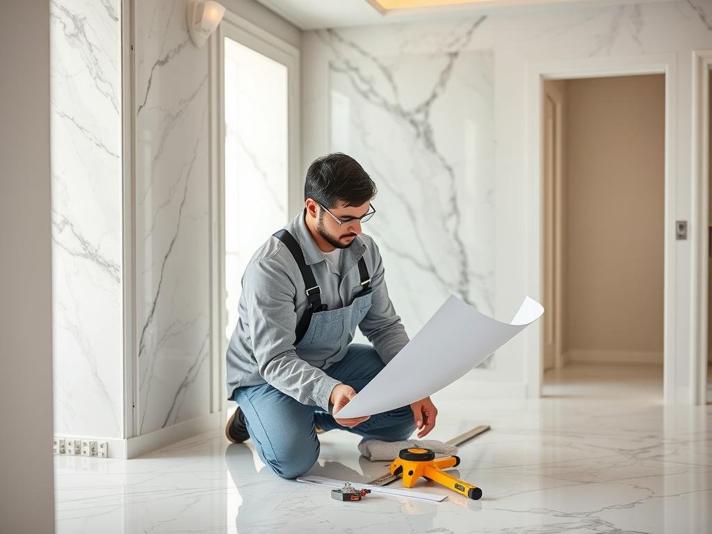 معلم رخام الكويت يقوم بتخطيط وقياس المساحة قبل تركيب الرخام