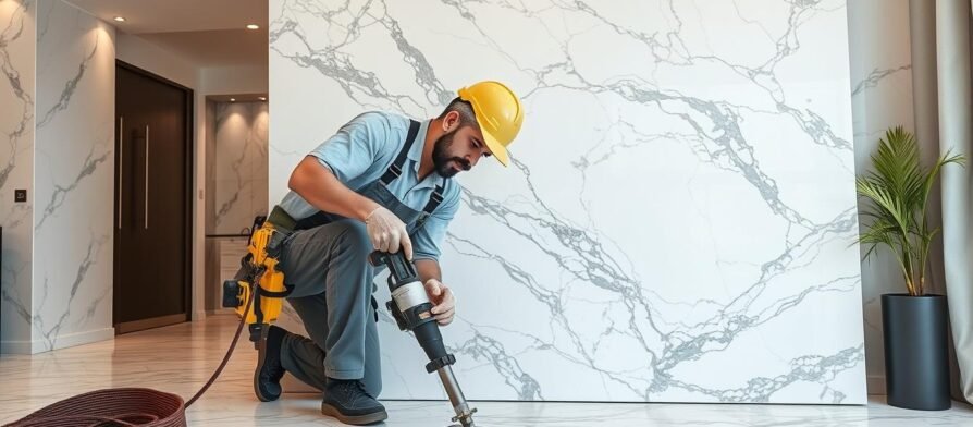 معلم رخام الكويت يقوم بتركيب رخام فاخر في منزل حديث