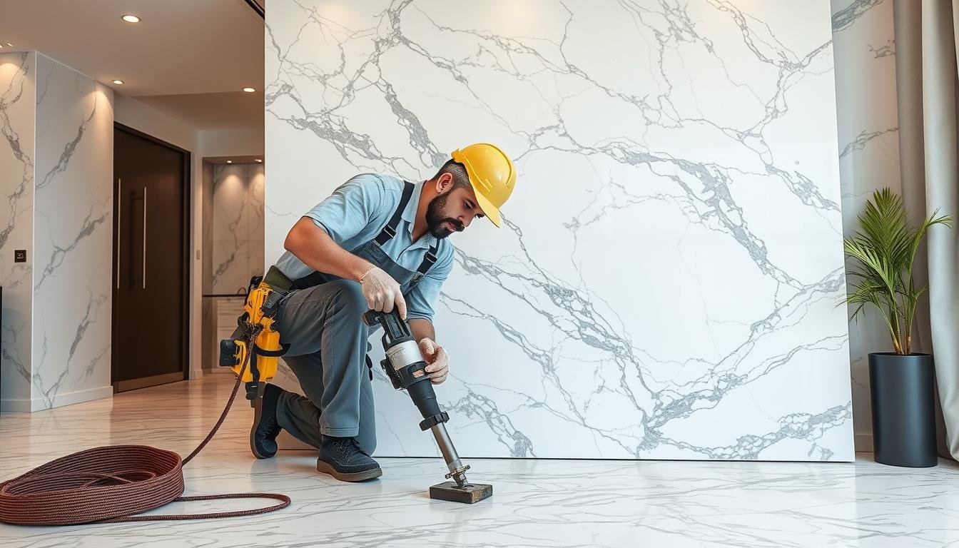 معلم رخام الكويت يقوم بتركيب رخام فاخر في منزل حديث