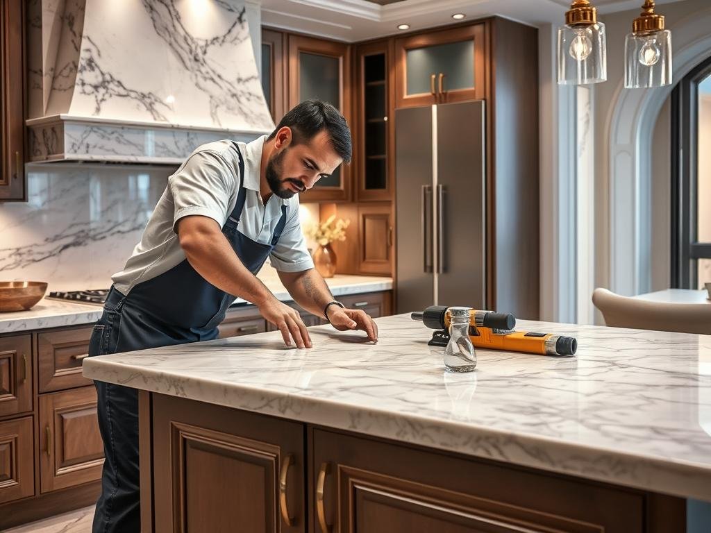 معلم رخام الكويت يقوم بتركيب رخام في مطبخ فاخر