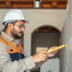 معلم مساح محترف يقوم بفحص جودة العمل في موقع بناء بالكويت