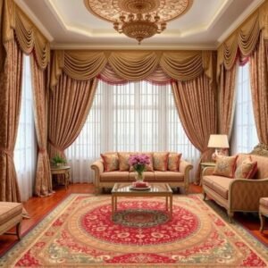 مفروشات صالون فاخرة مع ستائر وسجاد متناسق