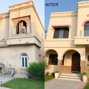 مقارنة بين منزل قبل وبعد الترميم يظهر التحسن الكبير