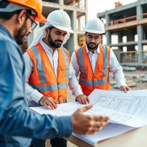 مقاول بناء بالكويت يستعرض خطط البناء مع العميل في موقع الإنشاء