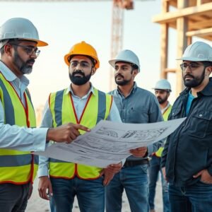 مقاول بناء بالكويت يشرف على موقع بناء مع فريق عمل محترف