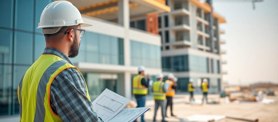 مقاول بناء وتشطيب يشرف على موقع بناء حديث في الكويت