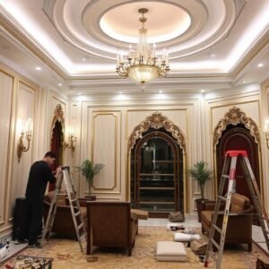 مقاول تجديد صالونات يقوم بتنفيذ أعمال التشطيبات النهائية في صالون فخم