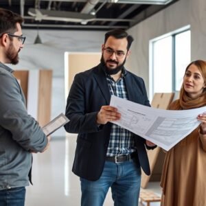 مقاول تجديد صالونات يناقش التصميم مع العميل في موقع العمل