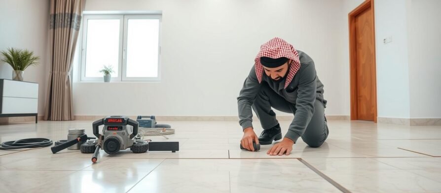 مقاول تركيب سراميك محترف يعمل على تركيب بلاط بدقة عالية