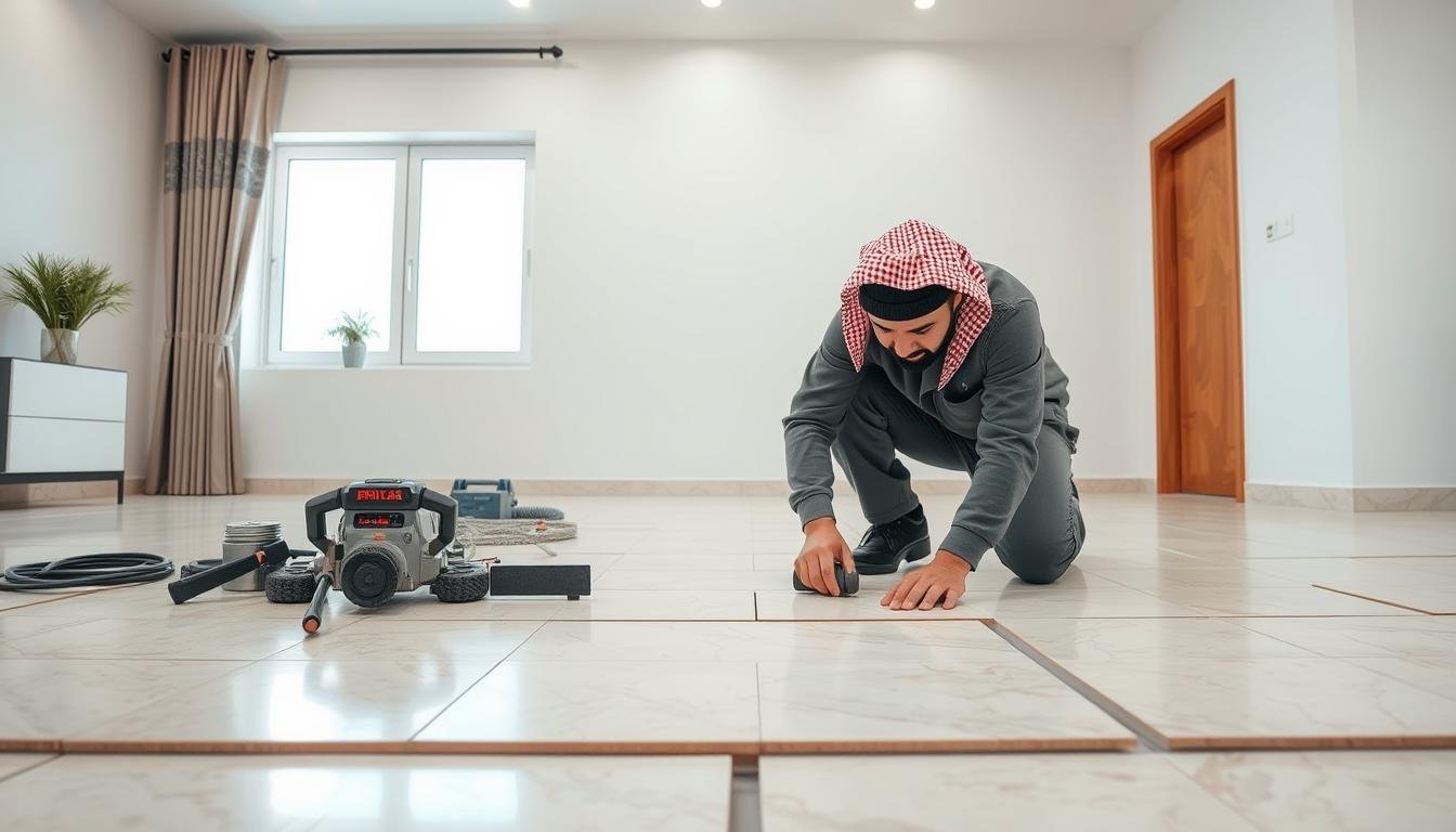 مقاول تركيب سراميك محترف يعمل على تركيب بلاط بدقة عالية