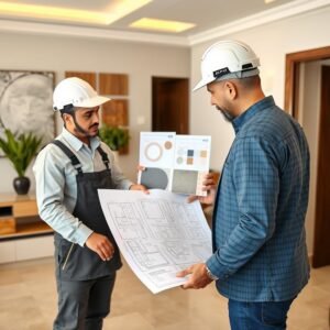 مقاول ترميمات يشرح خطة العمل للعميل باستخدام الرسومات والعينات