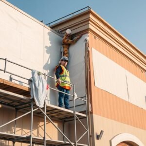 مقاول ترميمات يعمل على تجديد مبنى تجاري مع فريقه