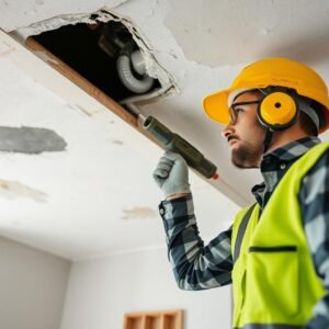 مقاول ترميمات يفحص مشكلة تسرب مياه في سقف أحد المنازل