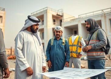 مقاول ترميمات يقوم بفحص موقع البناء مع فريق العمل