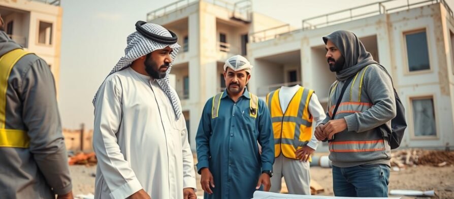 مقاول ترميمات يقوم بفحص موقع البناء مع فريق العمل