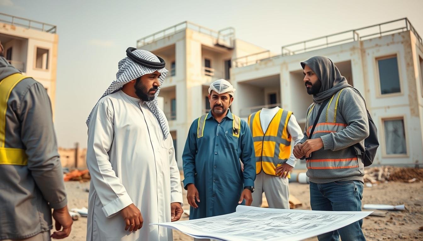 مقاول ترميمات يقوم بفحص موقع البناء مع فريق العمل