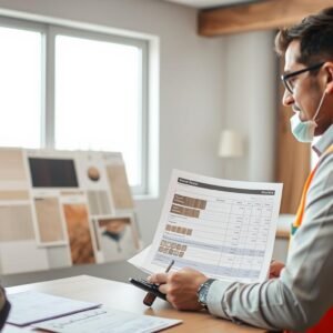 مقاول ترميمات يناقش تكاليف المشروع مع العميل ويعرض عينات المواد