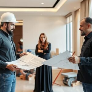 مقاول تشطيب محترف يناقش خطة العمل مع العميل في الكويت