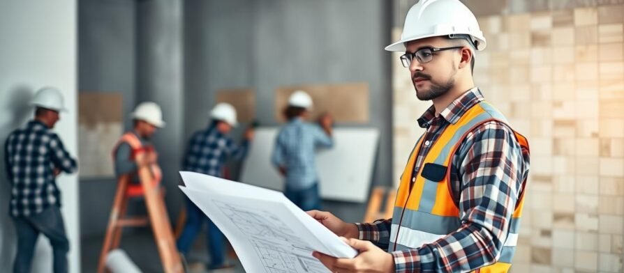 مقاول تشطيب يشرف على عمل فريقه في موقع بناء