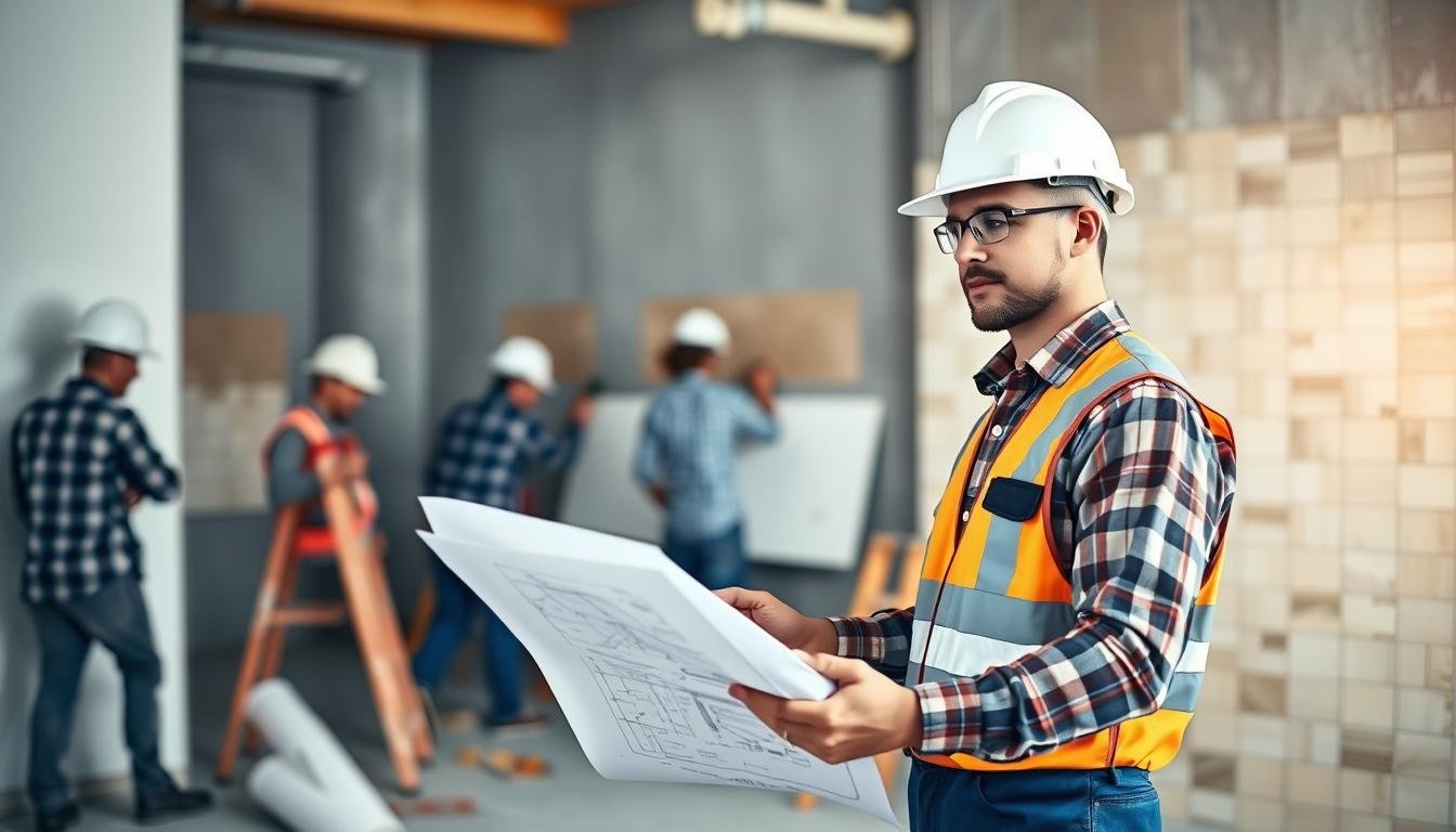 مقاول تشطيب يشرف على عمل فريقه في موقع بناء