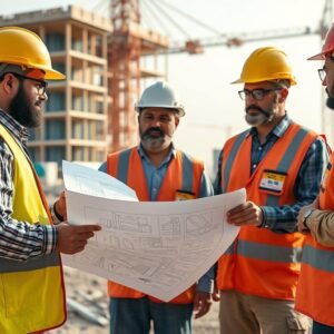 مقاول تشطيبات الكويت يراجع جدول زمني مع فريق العمل في موقع البناء