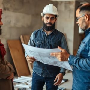 مقاول تكسير وترميم يناقش خطة العمل مع العميل مقاول تكسير وترميم يناقش خطة العمل مع العميل