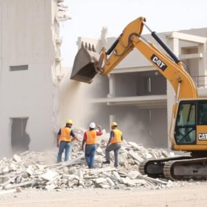 مقاول تكسير يقوم بهدم جزء من مبنى في الكويت