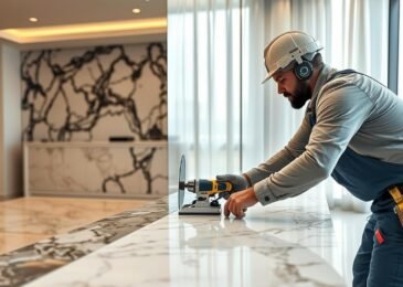 مقاول رخام الكويت يعمل على تركيب رخام فاخر في منزل حديث