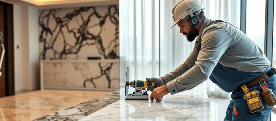 مقاول رخام الكويت يعمل على تركيب رخام فاخر في منزل حديث