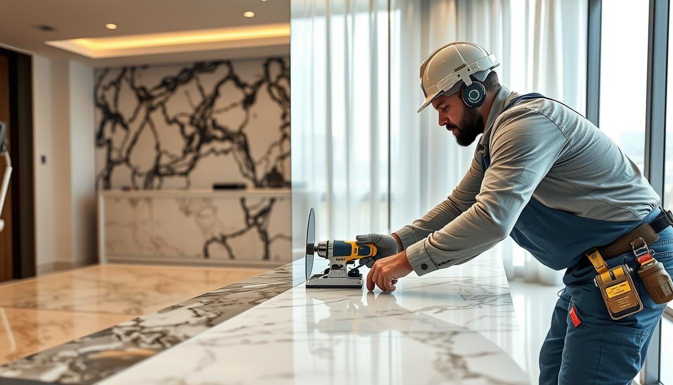 مقاول رخام الكويت يعمل على تركيب رخام فاخر في منزل حديث