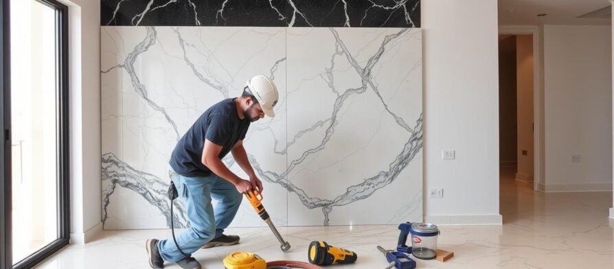 مقاول رخام الكويت يقوم بتركيب رخام فاخر في منزل حديث