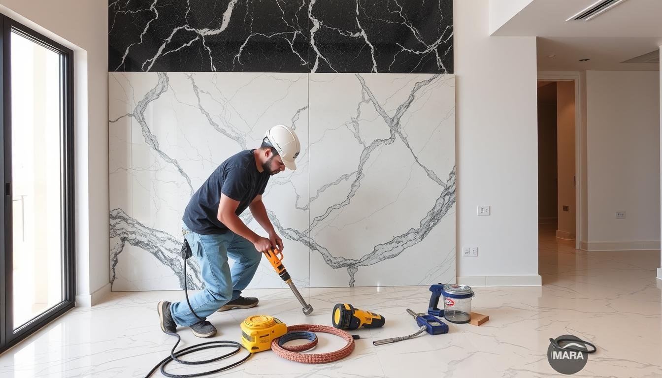 مقاول رخام الكويت يقوم بتركيب رخام فاخر في منزل حديث