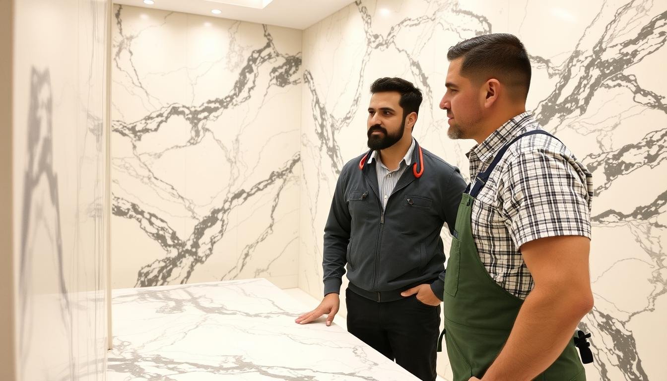 مقاول رخام محترف يقوم بتنفيذ مشروع رخام فاخر في الكويت