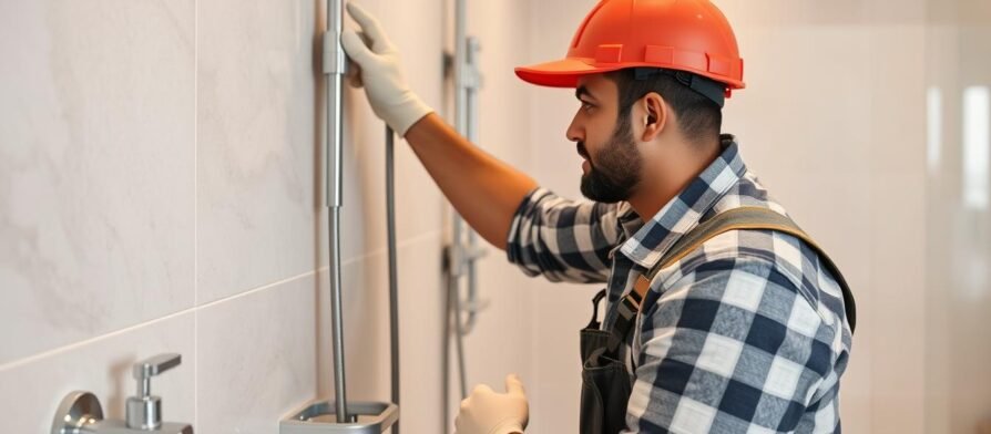 مقاول صحى الكويت يقوم بتركيب أدوات صحية في حمام حديث