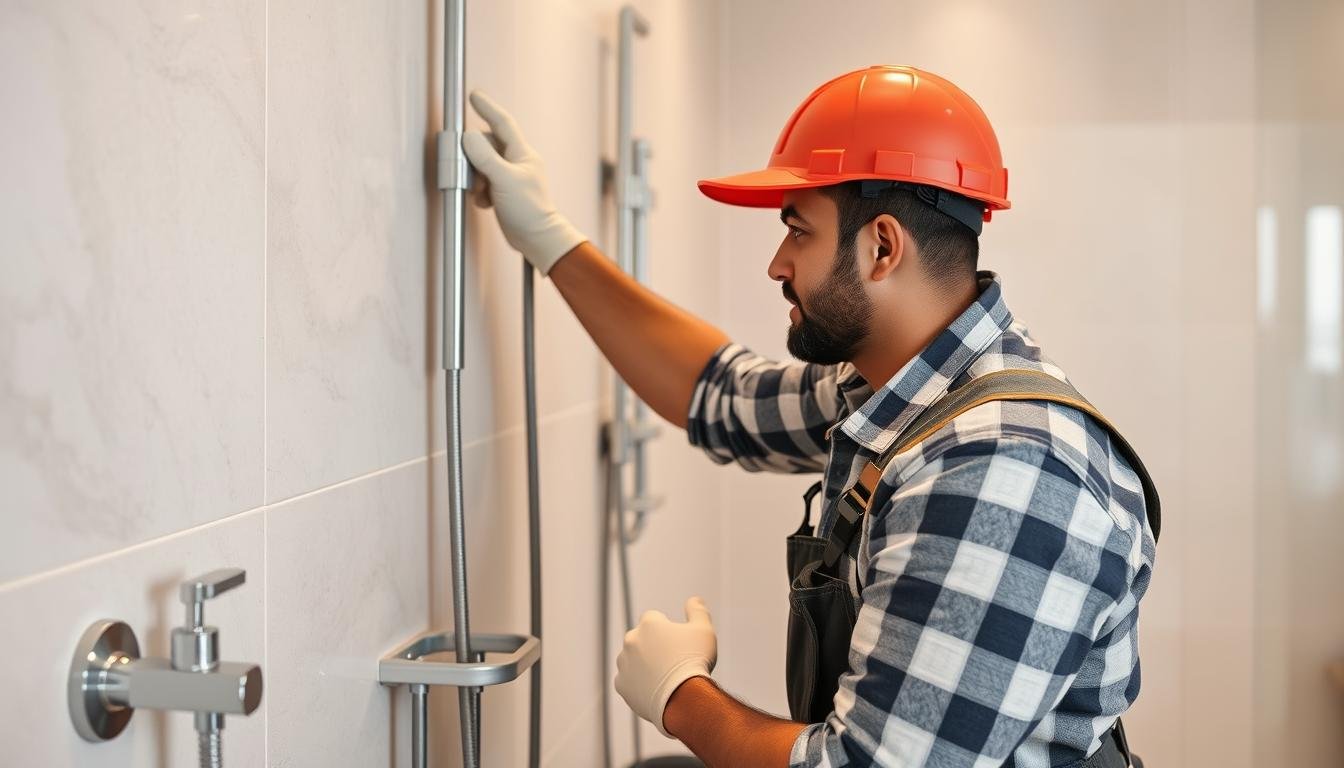 مقاول صحى الكويت يقوم بتركيب أدوات صحية في حمام حديث