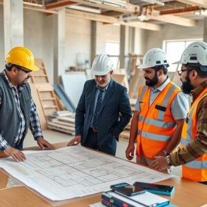 مقاول عام يناقش خطة البناء مع فريق العمل