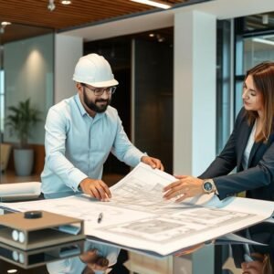 مقاول عظم بالكويت يستعرض المخططات الهندسية مع العميل