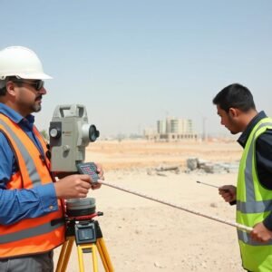 مقاول مساح يقوم بقياس موقع بناء في الكويت