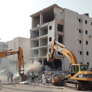 مقاول هدم يقوم بإزالة مبنى قديم في الكويت
