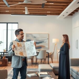 مهندس تصميم داخلي يقدم استشارة لعميل في الكويت حول تشطيبات المنزل