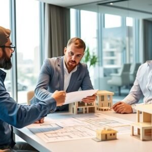 مهندس ومقاول يراجعان مخططات بناء فيلا في الكويت