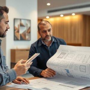 مهندس يشرح خطة ترميم لصاحب منزل في الكويت مع عرض عينات من المواد والتصاميم