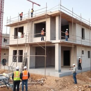 موقع بناء منزل في الكويت يظهر العمال والمعدات أثناء عملية بناء منازل بالكويت