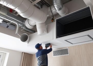 نظام تهوية مركزية حديث في مبنى سكني بالكويت يظهر فيه فنى تهوية مركزية أثناء العمل