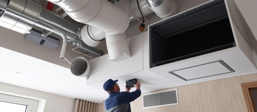 نظام تهوية مركزية حديث في مبنى سكني بالكويت يظهر فيه فنى تهوية مركزية أثناء العمل