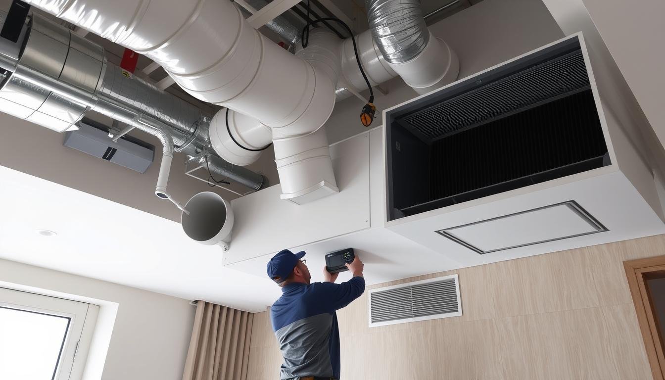 نظام تهوية مركزية حديث في مبنى سكني بالكويت يظهر فيه فنى تهوية مركزية أثناء العمل