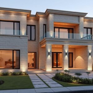 واجهة خارجية فاخرة لفيلا في الكويت مع تشطيبات حجرية وإضاءة مميزة