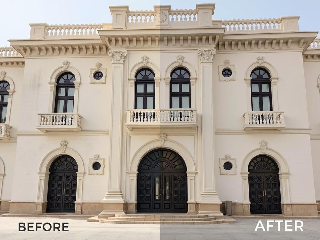 واجهة قصر قبل وبعد الترميم من قبل مقاول ترميمات القصور