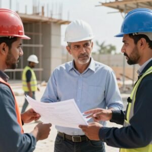 اجتماع بين مالك المشروع والمقاول العام لمتابعة سير العمل في موقع البناء