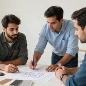 اجتماع بين مالك منزل ومقاول تشطيبات في الكويت